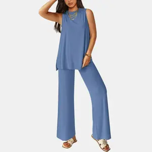 PrettyGarden Women's 2 Piece Lounge Set Summer Casual Loose Tank Top & Wide Leg Pants Matching Travel Outfits Tracksuit With Split Hem & Pockets Crewneck Sleveless Minimalist