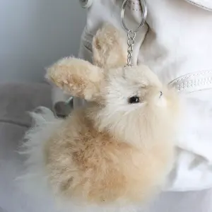 Handmade Fluffy Beige Bunny keychain - Authentic alpaca fur Bunny keychain, ethically sourced