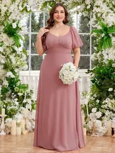 Women's Elegant U-Neck Bubble Sleeves Maxi Dress, Recycled Fabric Plus Size Bridesmaid Gown, Fitted Backless Party Dress