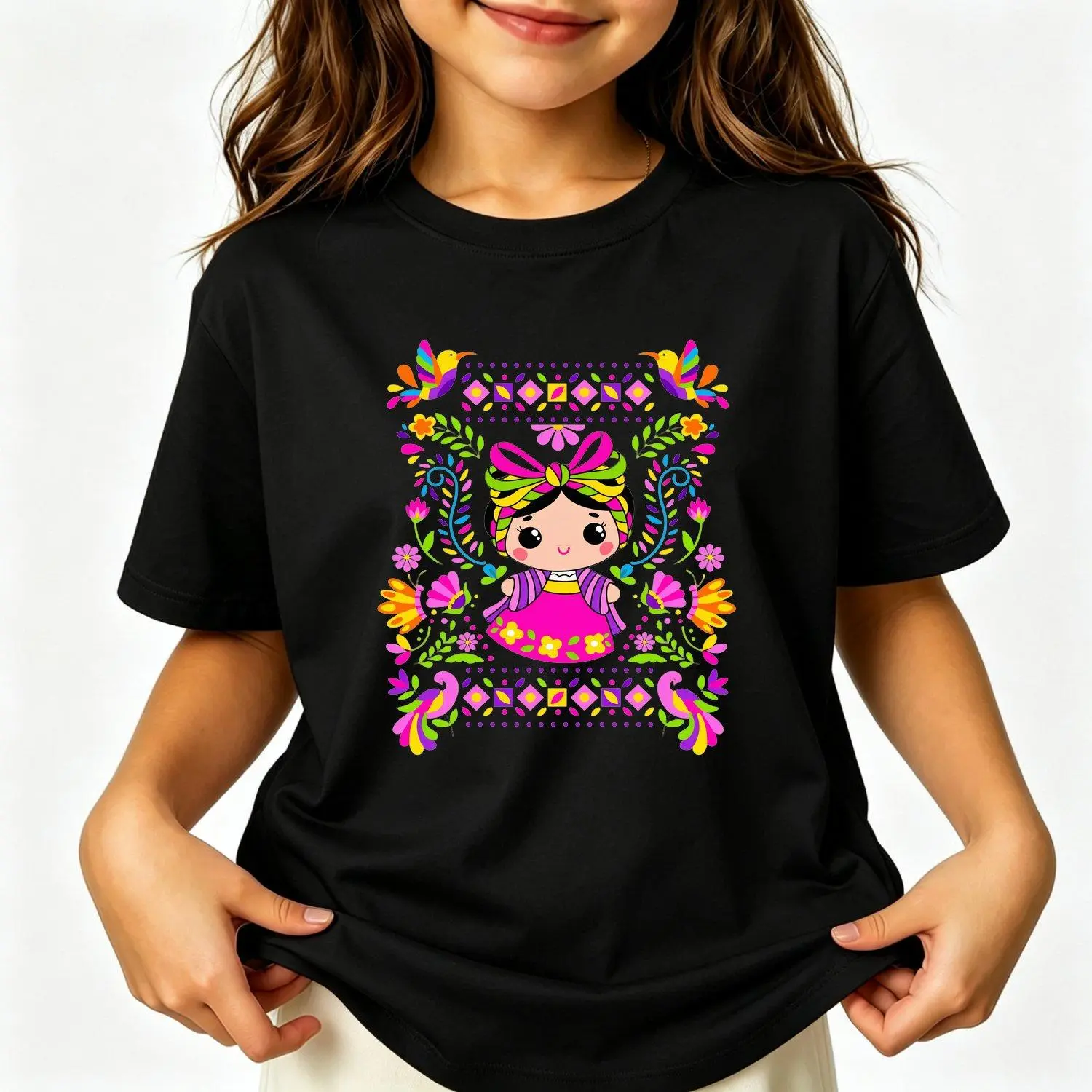 Girls T-Shirts Round Neck Tee Featuring Vibrant Mexican Folk Art Mazawa Maria Character and Marigold Flower Print Inspired Casual Party Wear Cultural Mariachi Costume Style