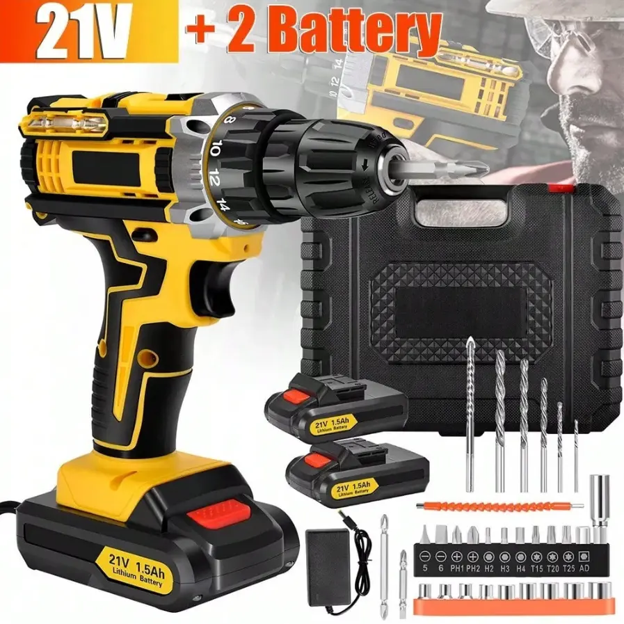 21V Cordless Combo Kit, Power Drill Tool with 2×2.0Ah Lithium-Ion Batteries & Charger, 2-Speed Wireless Drill for DIY & Home Use, Portable Toolbox, Holiday Gift #daily drills set