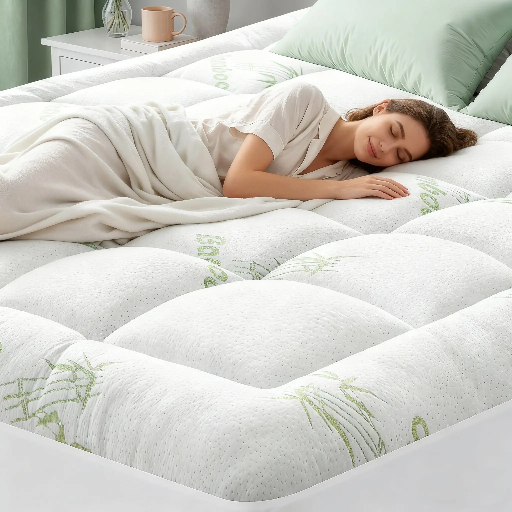Mattress Topper Queen Size - Thick Bamboo-Viscose Cooling  Top Mattress Pad Breathable Fluffy Soft Mattress Cover with 8-21" Deep Pocket, Green 6-piece sheet set linen  bed  sheets esthetician  bed alternative Machine Washable Down Alternative Comforter