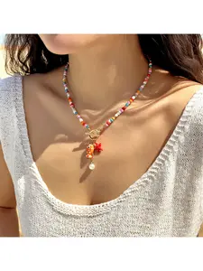 Summer New Ceramic Fish Starfish Pendant Necklace with Pearl Beads Tassel and OT Clasp Double Layer Stylish Ocean Themed Jewelry for Women