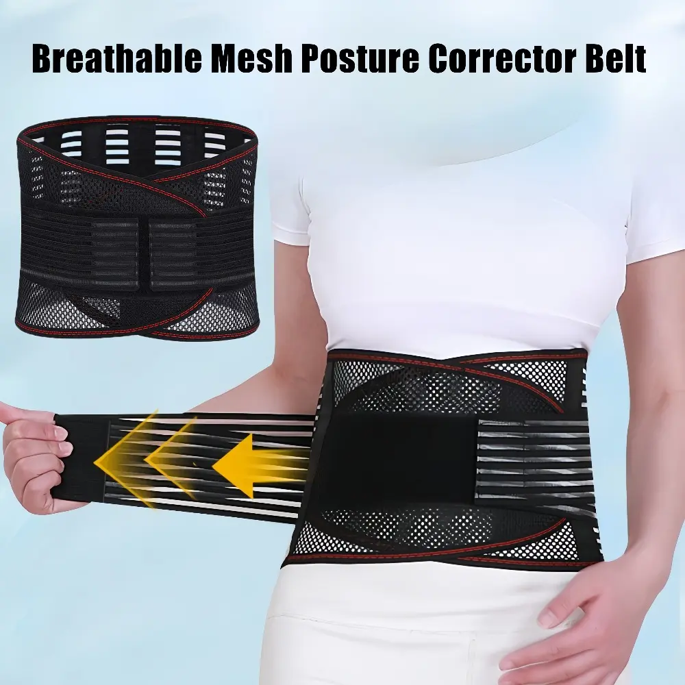 Adjustable Lower Back Brace - Breathable Mesh Posture Corrector Belt with Multiple Support Straps for Lower Back Support, Posture Improvement, Sports, Gym, and Long Hours of Office Sitting.