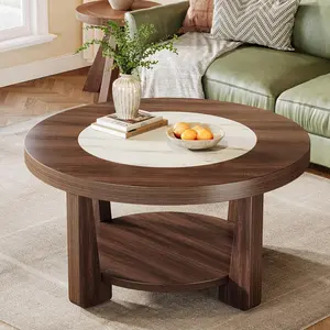 LITTLE TREE Coffee Table, 2-Tier Round Coffee Table with Heavy-Duty Wood Tabletop for Living Room, Industrial Circle Wood Accent Center Table with Storage