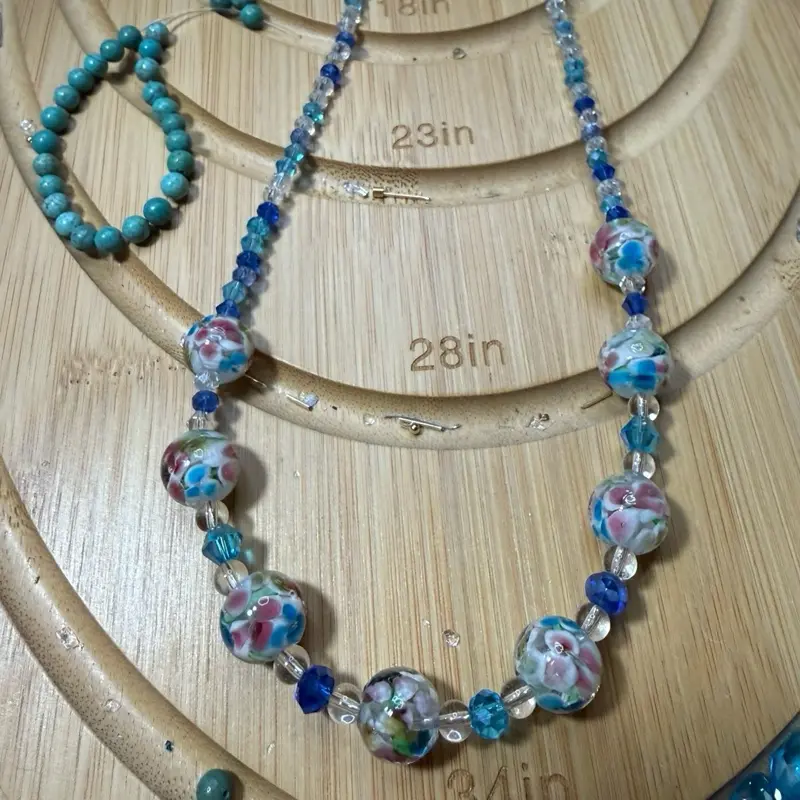 Glass Crystal Necklace with 18in Length, Featuring Blue and Multicolor Beads, Ideal for Everyday Wear
