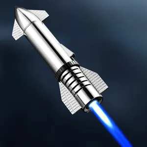 Novel Creative Starship Gas Lighter, Rocket Shaped Torch, Windproof Strong Jet Blue Flame, With Safety Lock, Home Ornament, For Collect, Candles, Kitchen Cooking, Outdoor Ignition, BBQ, Stove Wall, Camping, Gift Box Packaging (Butane Gas Not Included)