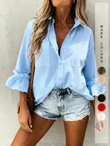 Casual Minimalist Chic Fashion 3/4 Sleeve Button Neck Shirt, Simple Pleated 3/4 Sleeve Shirt, Women's Spring Top