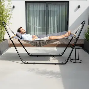 440LBS Iron Hammock Set 315×104×128CM White Bed Black Frame Double Pole Cotton Padding Net Pocket