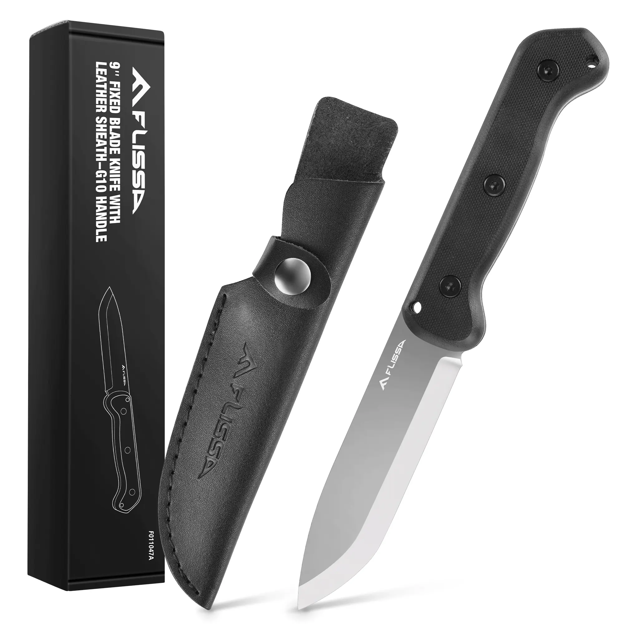 #summersale FLISSA 9" Fixed Blade Knife, D2 Steel Hunting Knife for Camping, Outdoor, Bushcraft and Survival, Leather Sheath Included, Christmas Gifts for Husband, Father, Friend