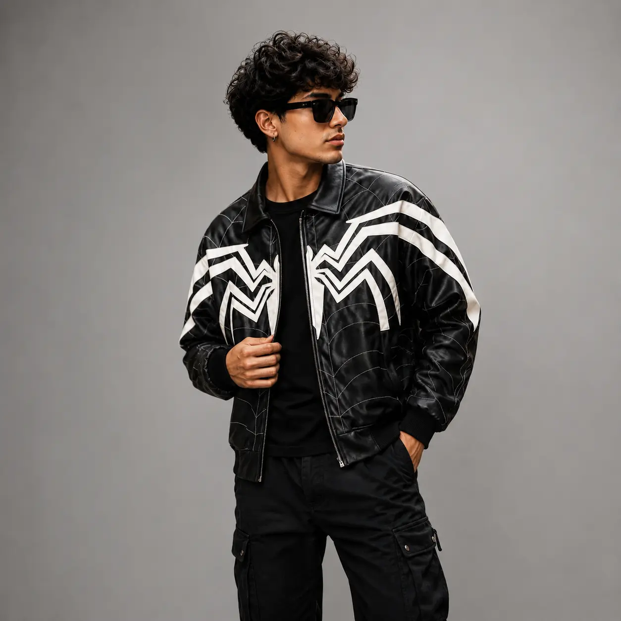 Men's Black Spider web Brand new men Jacket – Zip-Up Real Leather Streetwear Jacket with Ribbed Cuffs