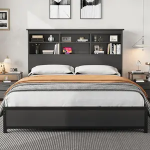 Platform Bed Frame with Bookcase Headboard & Charging Station – Storage Bed with Underbed Space & Metal Slats