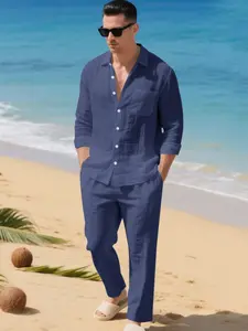 Men's High-Quality Linen Long Sleeve Pants Set, Perfect Beach Vacation, Fashionable Versatile Solid Color Comfortable Wear, Sizes S-3xl