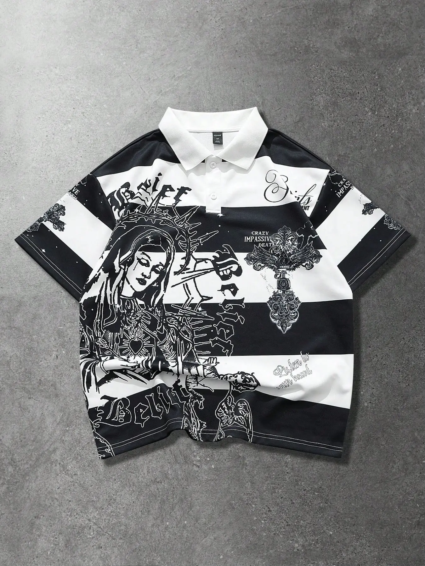 Men's black and white striped short-sleeve classic polo shirt, Top, religious figure print, gothic text graphics, "Belief" and "Listen to your heart" lettering, relaxed fit, baggy, streetwear style, casual daily wear, edgy aesthetic, Graphic polo shirts