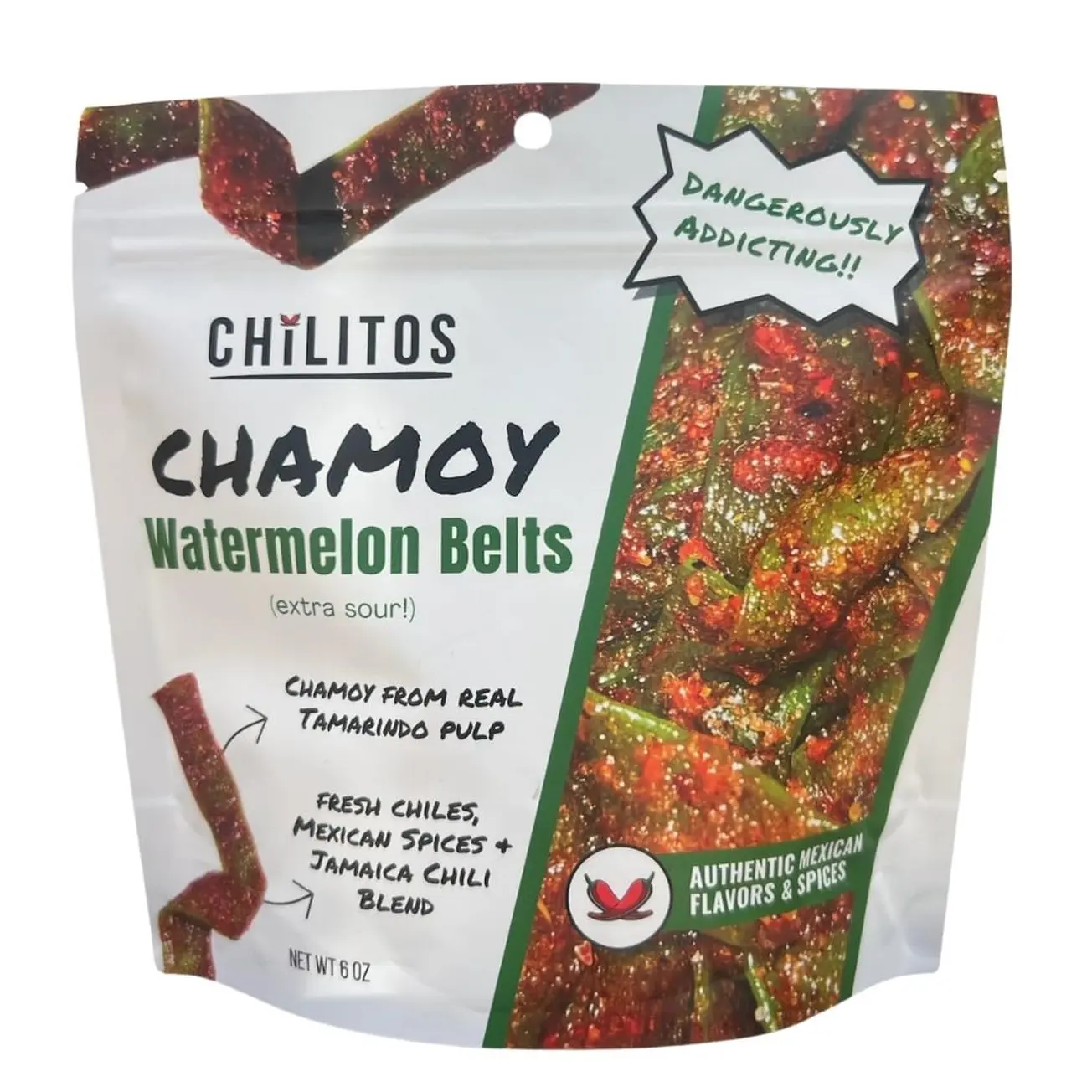 Chilitos Sweet, Sour & Spicy Chamoy Candy - Mexican Gummy Candy & Chamoy Gushers for All Ages, Authentic Dulces Mexicanos Enchilados as Seen on TikTok! (6 oz Bag, Watermelon Sour Belts)