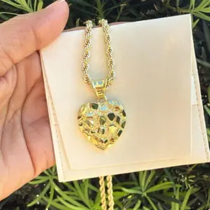 14K Gold Plated Nugget Pendant and Necklace - Textured Heart Minimalist Rope Chain 18" 3mm Small Pendant 14mm Necklace for Men/Women Unisex