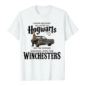🧙‍♂️🔮[Graphic Tee]Black T-Shirt with Hogwarts & Winchesters Hunting Graphic, Casual Tee for Fans of Harry Potter & Supernatural, Adult & Youth Holiday Shirt, Unisex Fan Outfit, Geek Holiday Top, Festive Party Graphic Tee