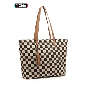 Fashion Large Capacity Checkered Crossbody Shoulder Bag with Tassel & Keys, Durable Tote Bags for Women, Top Handle Satchel Handbag, Laptop Purse and Handbags, Professional Business Briefcase for Office Lady Works Computer, Fashionable Patterned Bag
