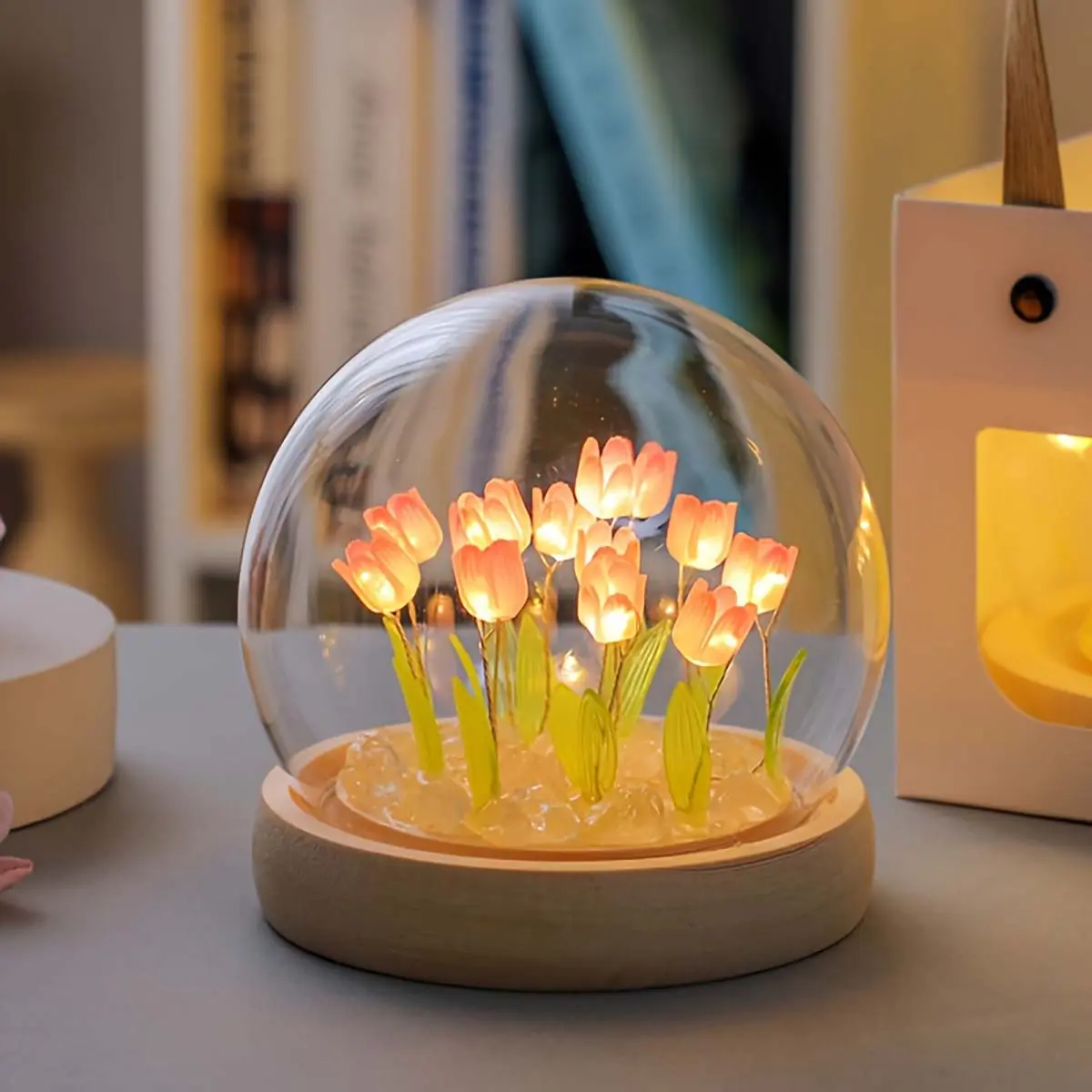 Handmade Plastic Cute Tulip Atmosphere Night Light - DIY Heat Shrink Material Decorative Lamp, Adjustable Mood Lighting, Build Your Own/Pre-Assembled Option, Valentine's Day Gift for Girlfriends (Flowers-Themed)