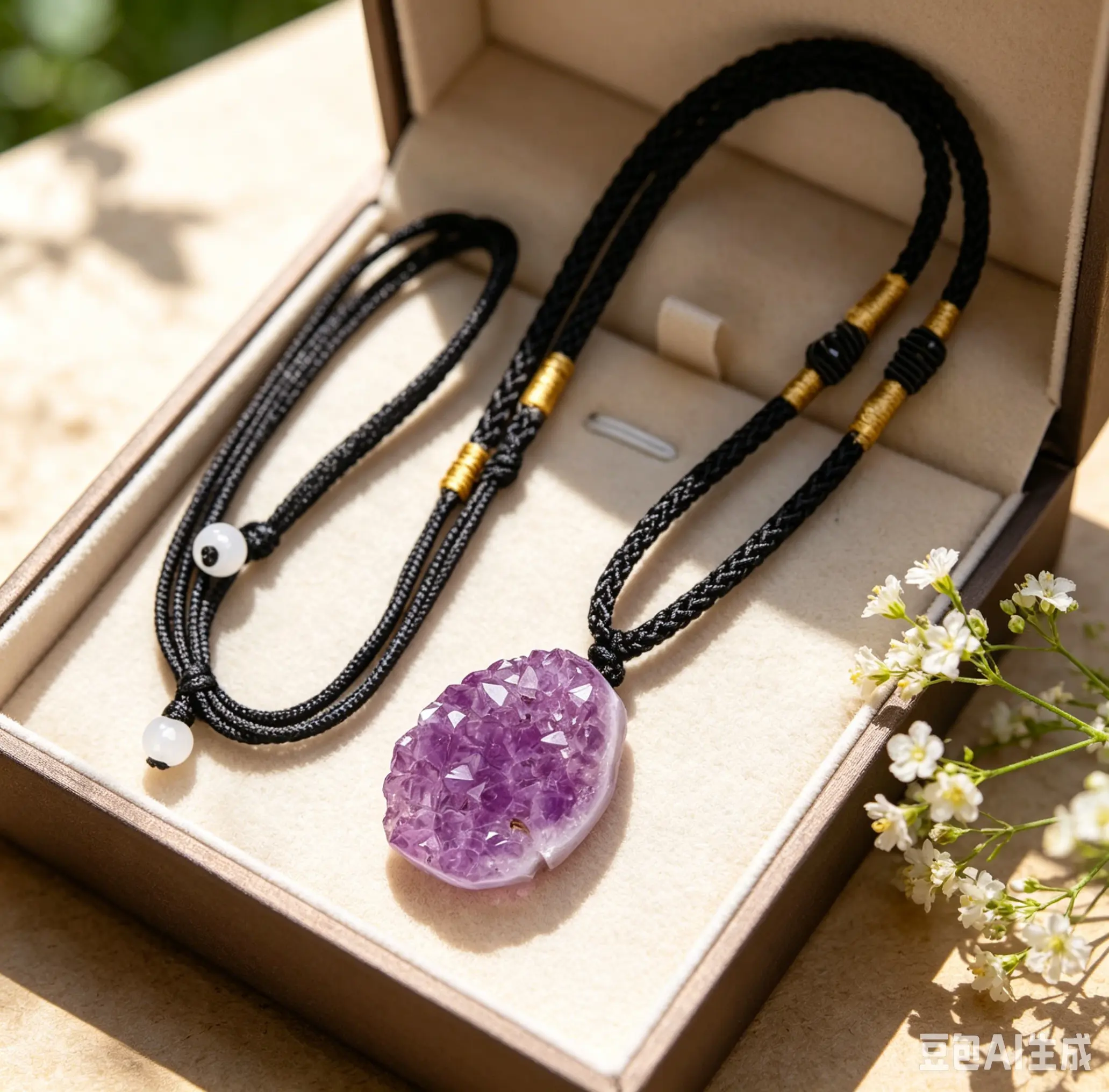 Genuine Raw Amethyst Geode Cluster Pendant Necklace, Bohemian Spiritual Crystal Jewelry with Adjustable Braided Cord for Daily Wear