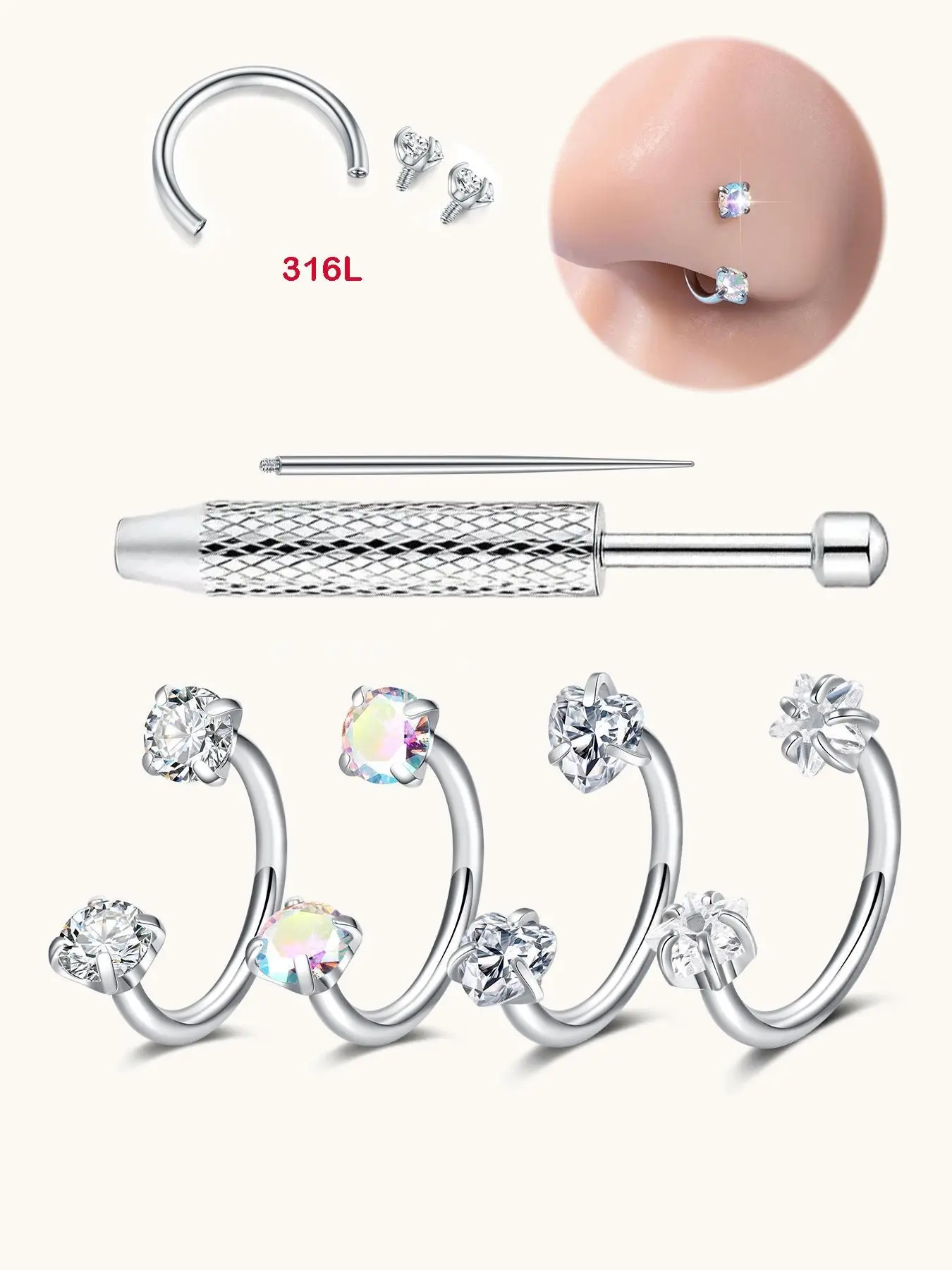 Zirconia Horseshoe Nose Ring, Hypoallergenic 316L Stainless Steel, 8mm Diameter, Heart Star Design, Ideal for Piercings, Piercing Jewelry, Includes Tool, Body Piercing Jewelry