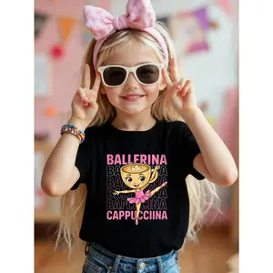 Young Girl's Cute Ballerina Cappuccina Kids Graphic Tee, Pink Ballet Coffee Cup Girl Graphic Cotton T-Shirt, Adorable Dance Lover Top for Girls, Black With Ballerina Theme, Perfect Gifts To Christmas, Exquisite Shirts For Holiday Young Girls Christmas Clo