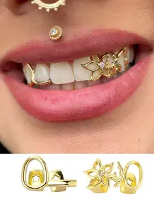 2pcs Hollow Flower Design Copper 14k Gold Plated Micro Set 5a+ Artificial Zircon Tooth Gem Kit Grillz for Women, Party Style, All Seasons, Teeth Kit