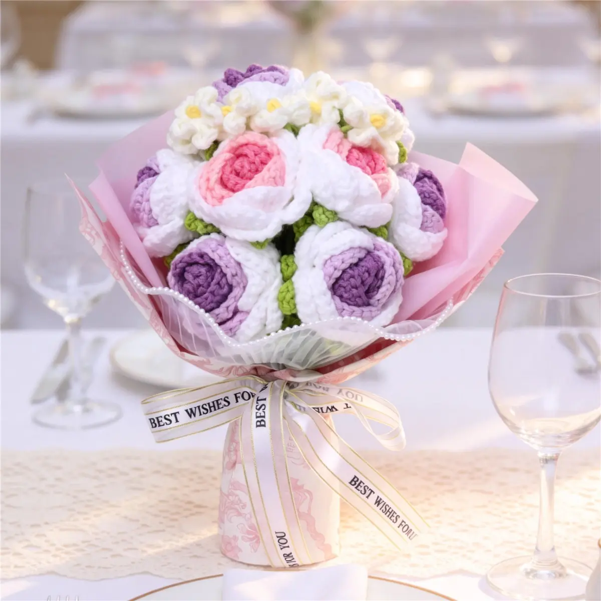 Handmade Crochet Artificial Rose Bouquet, Soft Tone, Fabric Roses, Silk Ribbon Wrap, Artificial Flowers, Artificial Flower Decorations, Home Decor, Wedding, Valentine's Day, Mother's Day, Graduation, Holiday Gift, Decorative Flower Arrangement