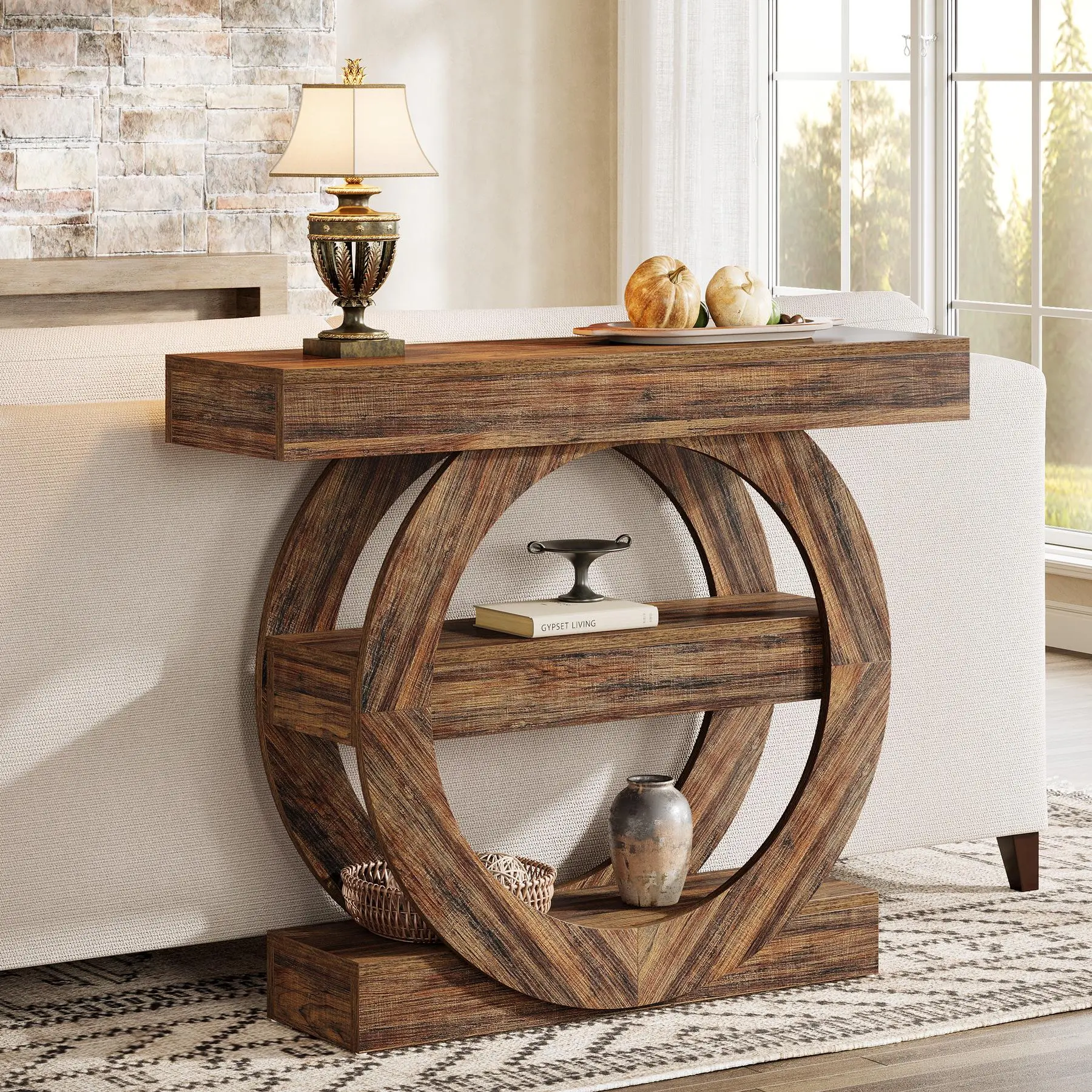 TRIBEWOOD Rustic Vintage Wood Grain Entryway Table - 3-Tier Narrow Freestanding Farmhouse Table, 4.53" Thick Top, Round Base, 41.34"W x11.81"D x33.46"H, Storage Shelves, Tip-Over Protection, 180 lb Capacity, Assembly Required for Living Room Behind Couch
