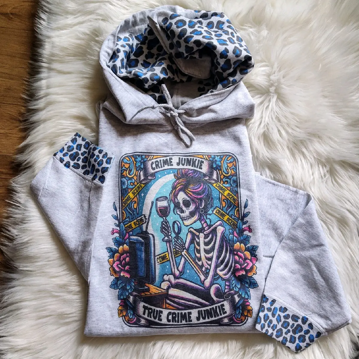 True Crime Junkie Leopard Print Blue Hoodie True Crime Sublimation Graphic Unisex Comfort