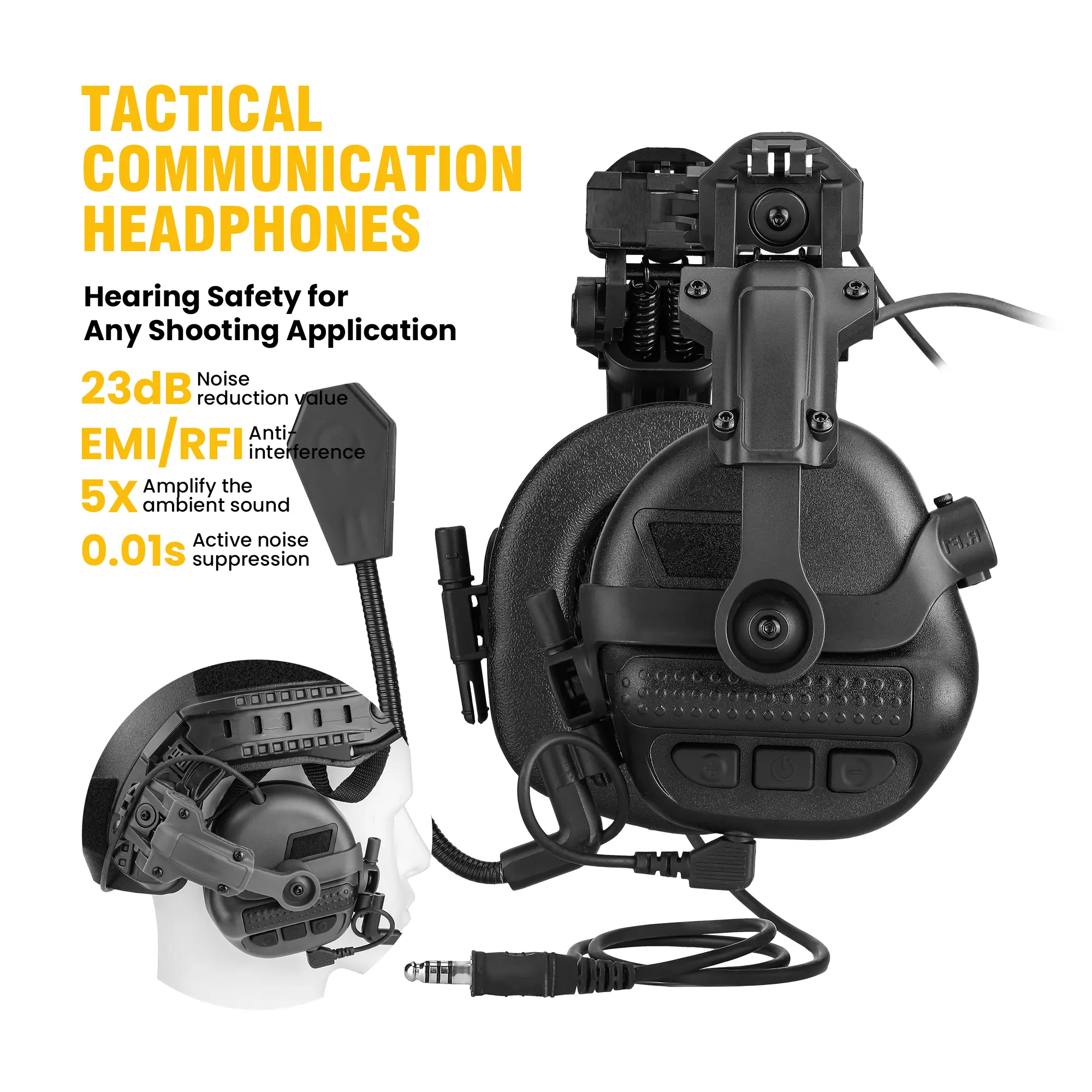Tactical Electronic Ear Protectors Headphones - Unisex ABS Safety Gear, 500g, NRR22dB Active Noise Suppression, Dual-Sound Tech, Sound Amp., Advanced Audio Processing Cuts Noise, Adjustable 52-64cm Headband, Includes Headset & Detachable Mic for Hunters,