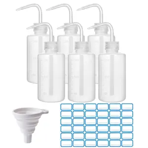 6-pcs 250ml curved mouth squeeze rinse bottle with scale line, funnel and label, leak proof watering bottle, suitable for laboratory and succulent plant watering