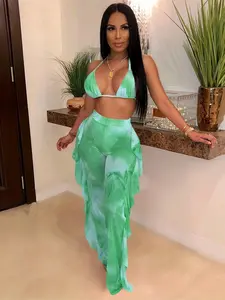 Women's All Over Print Bikini Top & Wide Leg Pants Set, Casual Fashion Swimsuit Set for Summer, Ladies Swimsuit for Beach Holiday Vacation, Bathing Suits, Tropical Print Swimsuit, Halter Neck Bikini