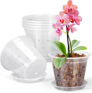 6-Pack 3-Inch Clear Plastic Orchid Pots with Holes, Saucers and Slotted Breathable Design for Repotting, Root Health – Indoors, Outdoors Garden Planters