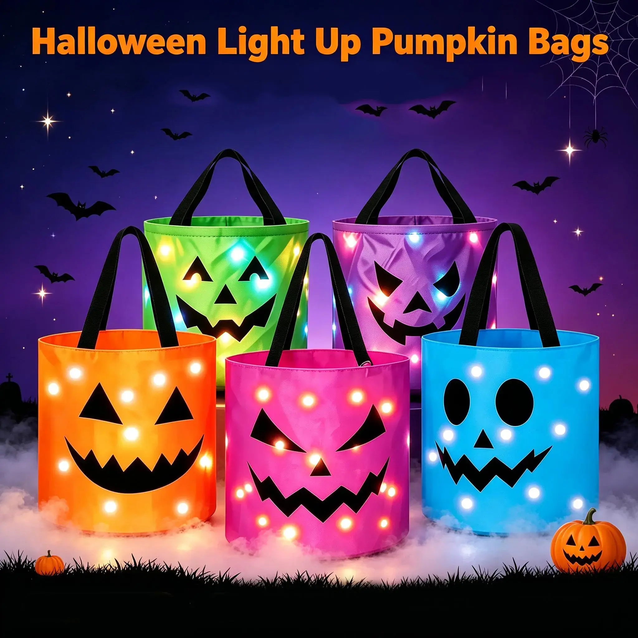 Halloween LED Glow Pumpkin Trick or Treat Bag, Reusable Light Up Candy Bucket, Spooky Portable Halloween Party Treat Basket for Kids