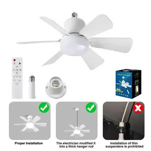 24in Large Quiet & Stable Socket Ceiling Fan with Light, LED Lighting Fan with Remote Control, E26/E27 Ceiling Fan Light Fixture for Bedroom, Garage, Kitchen, Toilet
