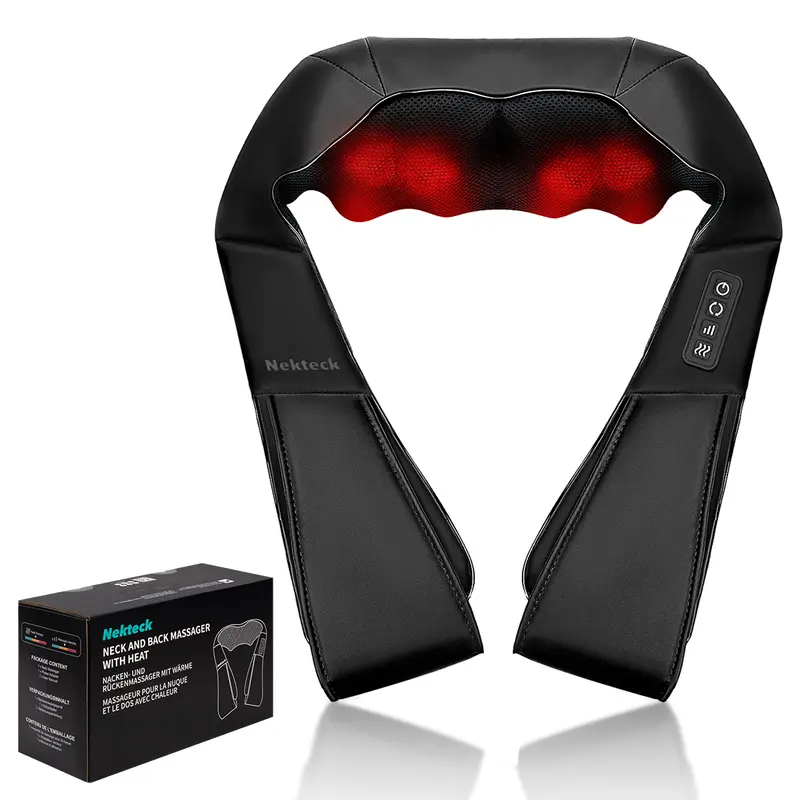 Shiatsu Neck and Back Massager with Soothing Heat, Ergonomic 8 Deep-Kneading Massage Nodes with Heat Electric Shiatsu Back Massager for Neck Shoulder & Body Muscle Relief Portable 12V DC Power Supply - Black