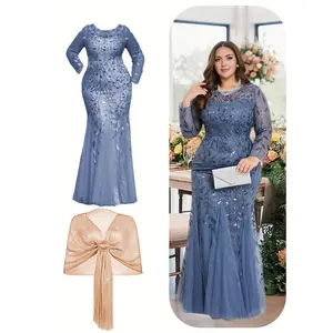 Plus Size Women's Sequin Bodycon Mermaid Dress, 2-Piece Formal Evening Gown with Long Sleeves and Shawl for Wedding & Prom Parties, Formal Wear, Longsleeves