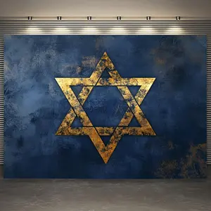 1pc Modern Hebrew Star of David Backdrop - Indigo & Golden Textured Polyester Fabric Wall Decor, Home & Office Use, Versatile No-Power Needed Banners Ornaments