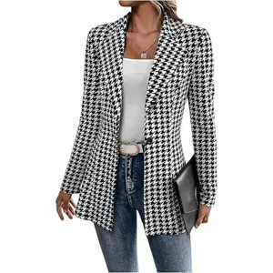 Women's Elegant Houndstooth Check Lapel Jacket Long Sleeve Fitted Mid Length Suit Coat for Autumn Winter Business Casual Wear Black Checkered Classic Style Chic Everyday Fashion White
