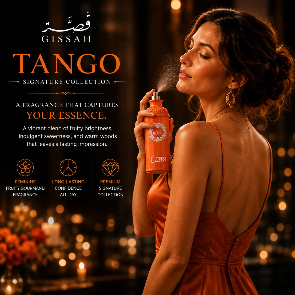 Gissah Women's Tango EDP - 200ml Amber Woody Aromatic Fruity Gourmand Perfume with Mango, Orange, Pomelo, Caramel, Vanilla, Cedarwood, Captivating Long-Lasting Scent for Adults' Feminine Energy, All Seasons, Single Bottle, Aromatic Fruity Fragrance, Amber