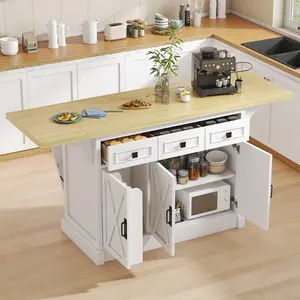 71.3" Large Kitchen Island with Drop Leaf, Power Outlet, Kitchen Rolling Island Cart w/ 3 Solid Drawers, Island Table with Trash Storage Cabinet & 3 Large Storage Rack, Spice Rack, Black