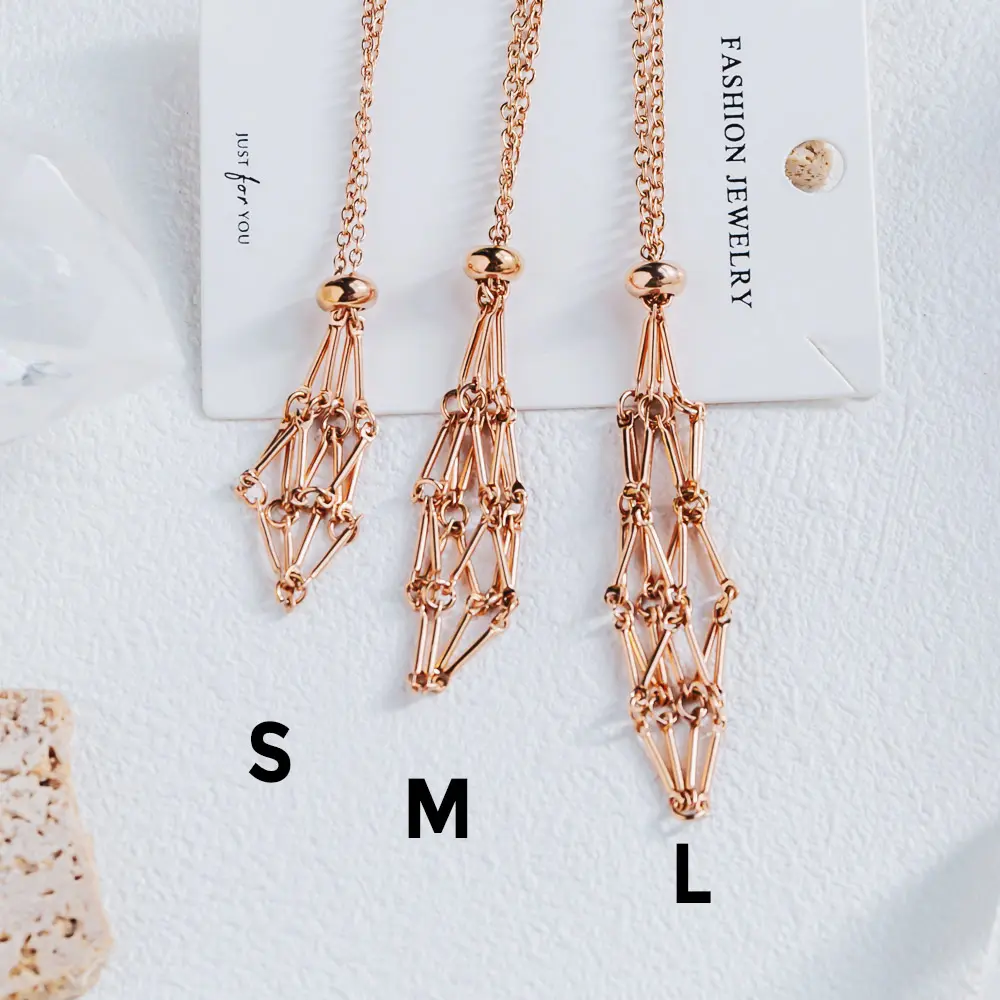 Rose Golden Net Metal Bamboo Woven Pendant Handmade Necklace, Unisex Everyday Natural Crystal Jewelry, Multi-Size with Adjustable Length, Net Pendant
