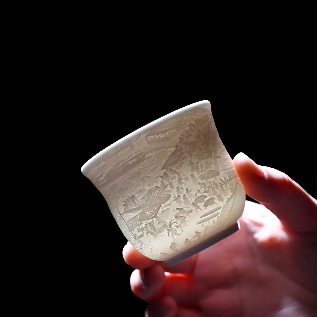 Engraved "Riverside Scene" Traditional White Jade Ceramic Tea Cup - Light-Transmitting Gongfu Ceremony Mug, Ancient Scroll Art Design, Preserves Tea's Fragrance, Cultural Collectible for History Lovers, Tea Connoisseur