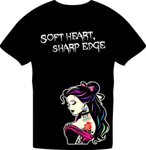 INK & VELVET Soft Heart Sharp Edge - Beautiful Woman Profile with Neon Hair and Red Rose Tattoo on Chest streetwear graphic tee