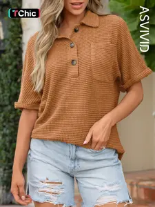Women's Casual Waffle Knit Polo Shirt with Button Front, Short Sleeve T-Shirt with Chest Pocket, Comfortable & Stylish