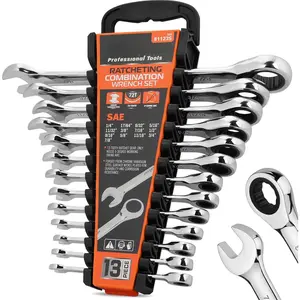 13-Piece Sturdy Ratcheting Wrench Set| SAE 1/4''–7/8''| Max Torque Ratchet Combination Wrenches Set with Storage Rack| 72-Tooth| Chrome Vanadium Steel