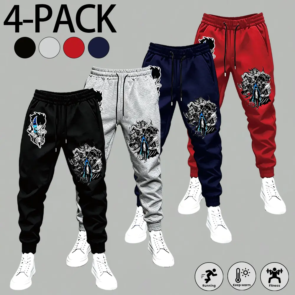Men's 4-Pack Sung Jin Woo Anime Graphic Jogging Pants, Soft Breathable Drawstring Sweatpants for Daily Running, Training, Street Casual Wear, Men's Sweatpants