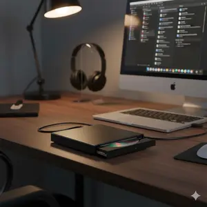 Portable USB External CD/DVD Drive Burner, Rewriter with Dual USB Cables. Plug & Play for Laptop, Desktop, PC. Read/Write DVDs, CDs, Burn Discs.