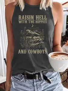 Women's Raisein Hell with The Hippies and Cowboy Graphic Round Neck Tank Top, Vintage Trendy Casual Sleeveless Top for Daily Wear, Ladies Summer Outfit, Womenswear, Socks